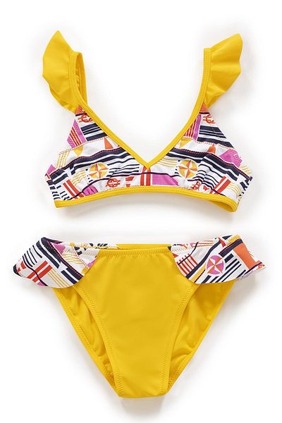 Endeep Girl's Patterned Flounce Yellow Bikini Set