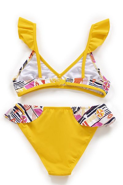 Endeep Girl's Patterned Flounce Yellow Bikini Set