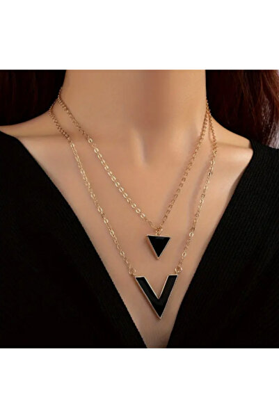 ASLI Şık Üçgen Kolye 2li Gümüş V-Yaka Şekilli