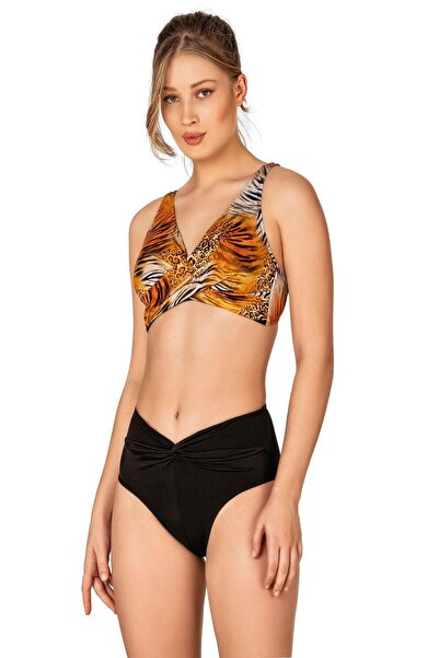 Endeep Women's Knot Detailed Double Breasted Gathering Brown Bikini Set