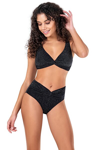 Endeep Kadın Yüksek Bel Siyah Simli Bikini Takımı