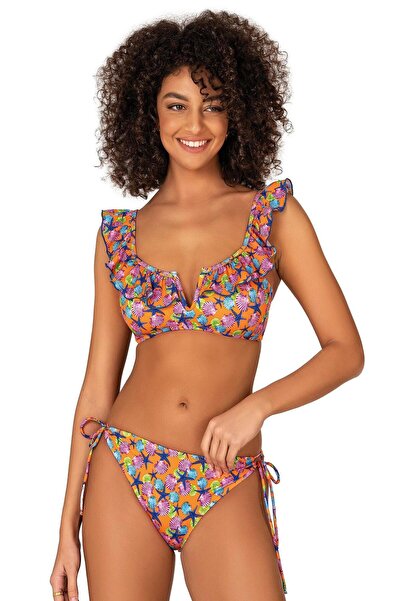 Endeep Kadın Fırfır Detaylı Turuncu Desenli Bikini Takımı