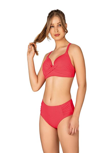 Endeep Kadın Büyük Beden Destekli Büzgü Detaylı Nar Çiçeği Bikini Takımı