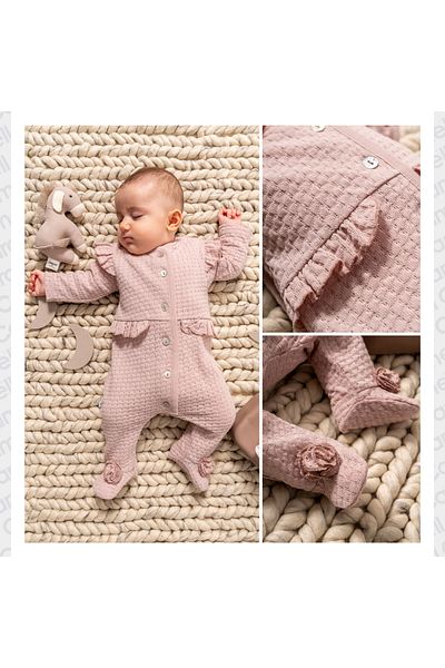 Caramell Baby Girl's Jumpsuit 100% Cotton (1-3,3-6 Months with Booties Flower Details -6-9,9-12 Months Without Booties)