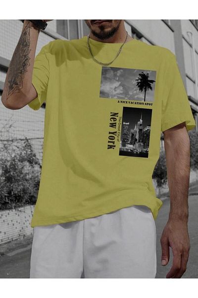 NO 601 Ανδρικό μπλουζάκι με λαδί πράσινο NY Palm printed Oversize