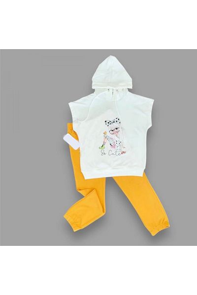 Ecenaz 3-4-5 Years Old Hooded Cute Girl Printed Short Sleeve Set of 2 Girls and Boys Mustard