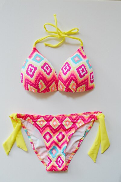 Endeep Beria Kadın Üçgen Yarım Dolgulu Desenli Sarı Bikini Takımı