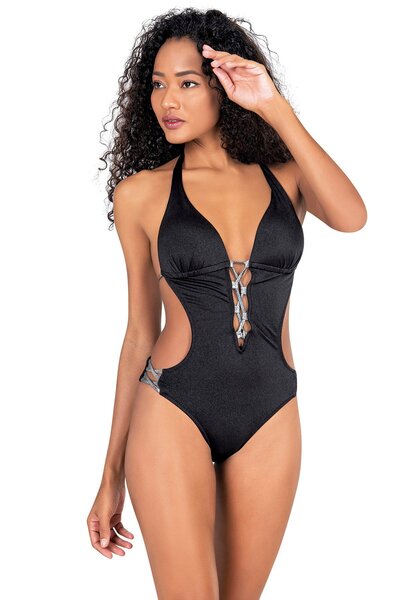 Endeep Kadın Parlak Gümüş Biye Detaylı Dolgulu Siyah Mayokini