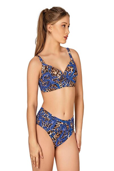 Endeep Kadın Büyük Beden Destekli Büzgü Detaylı Leopar Desenli Bikini Takımı