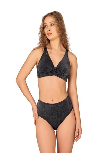 Endeep Kadın Siyah Simli Toparlayıcı Yüksek Bel Bikini Takımı