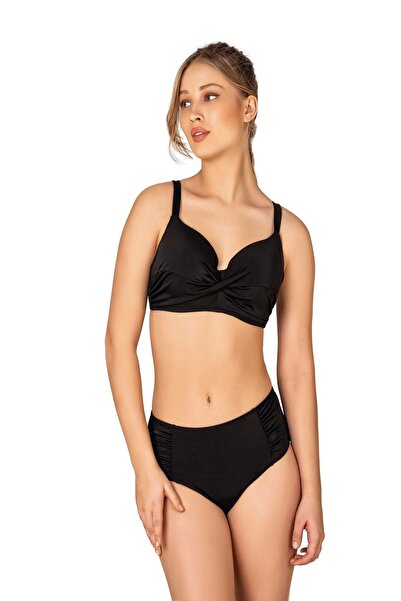 Endeep Kadın Büyük Beden Destekli Büzgü Detaylı Siyah Bikini Takımı