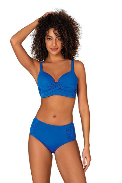 Endeep Kadın Büyük Beden Destekli Büzgü Detaylı Mavi Bikini Takımı