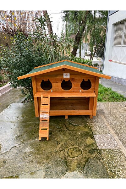 PATİ EMLAK 3'lü Mamalıklı Kedi Evi Dış Mekan Pati Emlak Dayanıklı Ahşap Kulübe