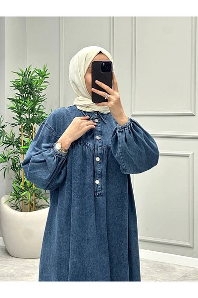 OlaLady Rochie de blugi hidžáb din denim cu mâneci cu balon adunate Robadan pentru femei