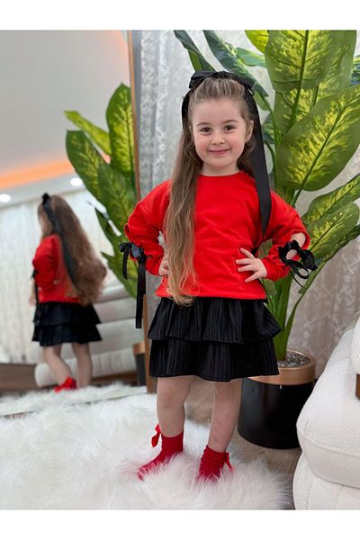 HNKİDS Girls' Skirt Bottom and Top Set with Sleeves and Ribbon Detail