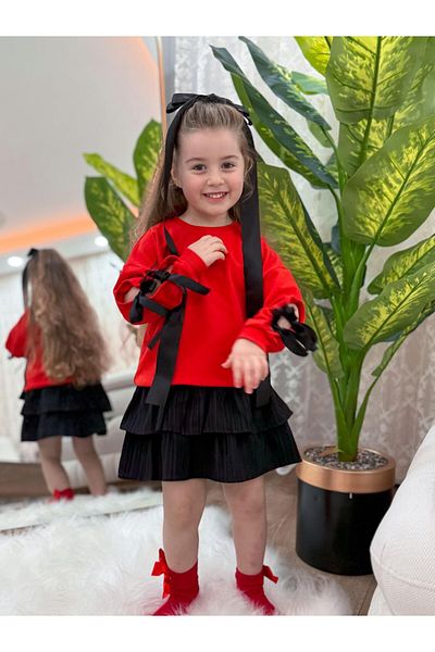 HNKİDS Girls' Skirt Bottom and Top Set with Sleeves and Ribbon Detail