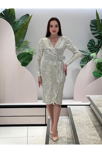 MODATALİKA Modatalika Women's Sequin Belted Short Evening Dress