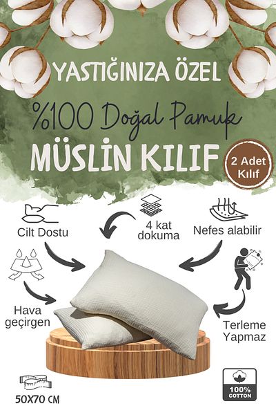 OTEXSA Ecru 4 Layer Muslin Pillow Case (50X70Cm 2Pcs)