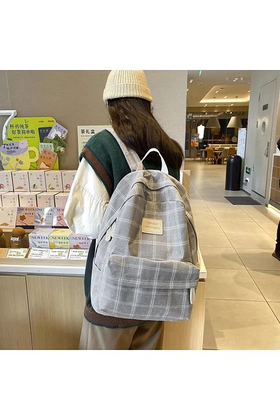 womistore Γκρι καρό σχολικό σακίδιο κορεατικού στυλ Womi