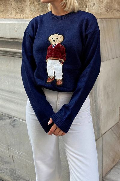 trendalisse Pulover de damă din tricotaje Süzene Teddy, albastru bleumarin