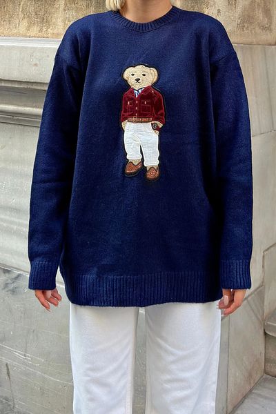 trendalisse Pulover de damă din tricotaje Süzene Teddy, albastru bleumarin