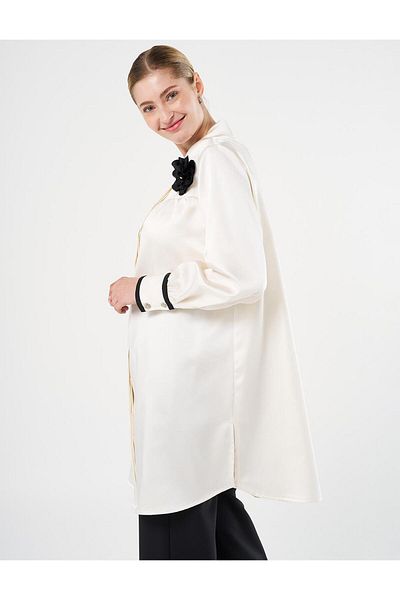 Kayra Ecru Satin Tunic - Floral Detail
