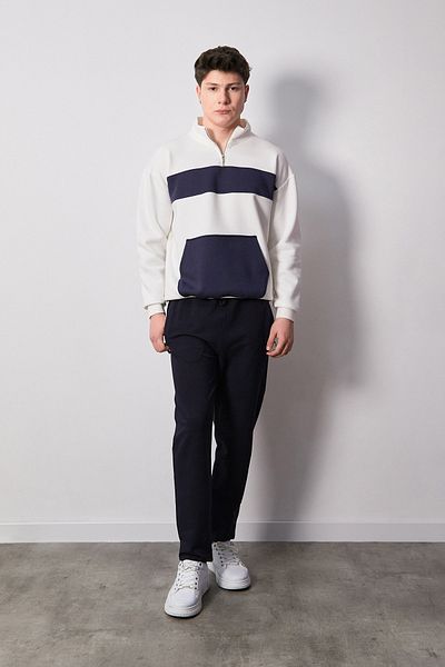 Fulla Moda 3 Yarn Color Block Half Zipper Kangaroo Pocket Sweatshirt