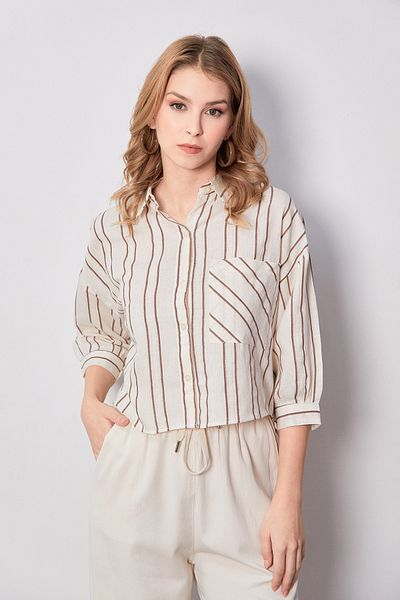 Fulla Moda Ριγέ λινό πουκάμισο μακριά πλάτη