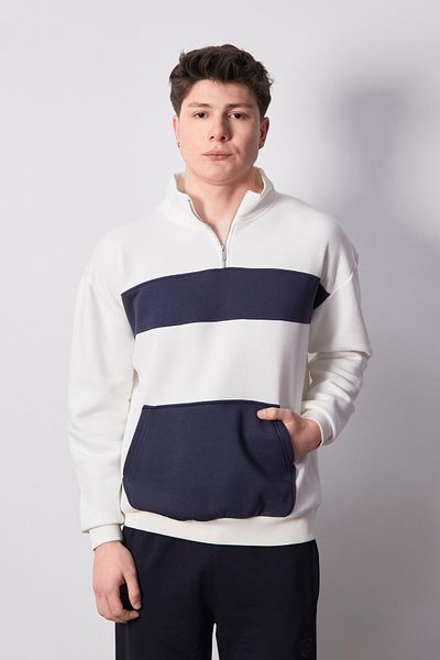 Fulla Moda 3 Yarn Color Block Half Zipper Kangaroo Pocket Sweatshirt