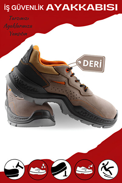 Badem10 İş Güvenliği Güvenlik Ayakkabısı Süet Delikli Deri Çelik Demir Burunl...