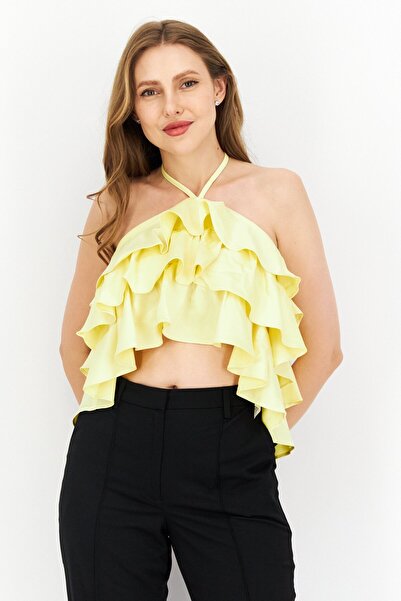 Lost Ink Women Halterneck Crop Top, Yellow