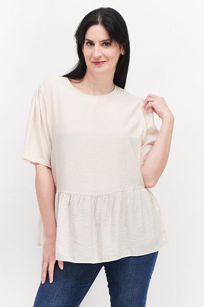 TAIFUN Women Round Neck Shorts Sleeve Plain Blouse, Tan
