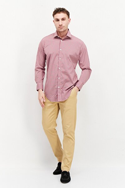 Perry Ellis Men Spread Collar Long Sleeve Plaid Dress Shirt, Red Combo