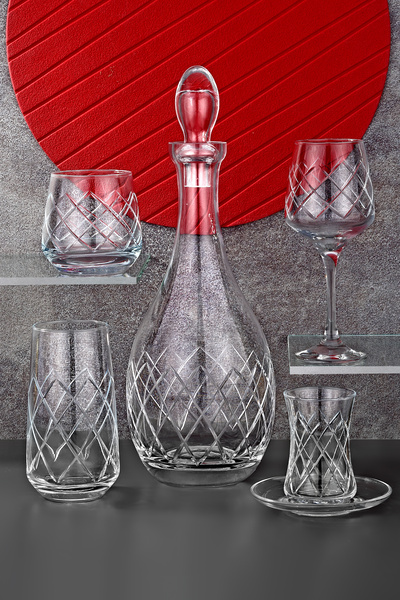 sglass 31 Parça 6 Kişilik Kare El Dekor Kristal Kesme Cam Su Takımı ( Bulaşik...