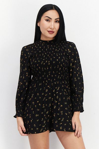 Asos Design Women Petite Floral Print Long Sleeve Playsuit, Black Combo