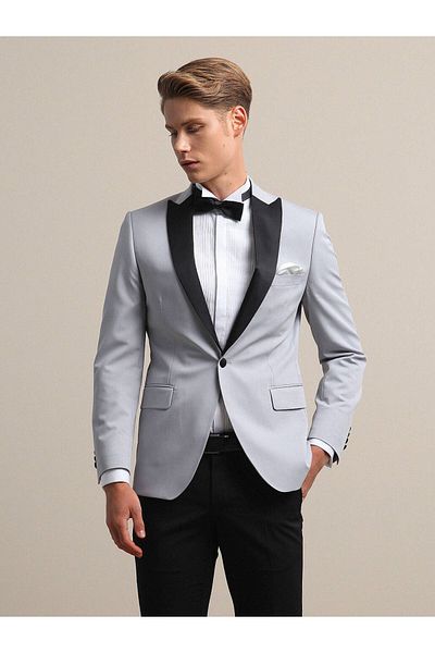 Kip Set rochie smoking slim gri deschis cu guler fluture