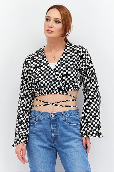 Violet Romance Women Surplice Neck Long Sleeve Checkered Crop Top, Black