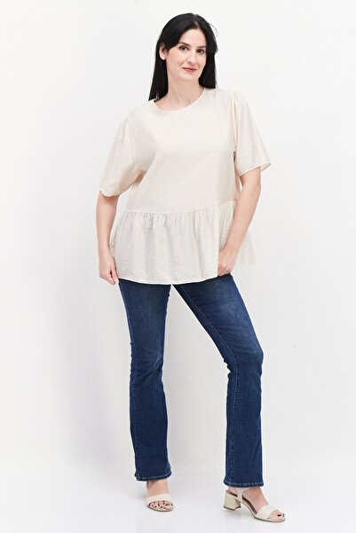 TAIFUN Women Round Neck Shorts Sleeve Plain Blouse, Tan