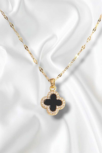 REBORN DESIGN 316L Çelik Gold ve Gümüş Renk Zirkon Taşlı Siyah Yonca Model Ka...