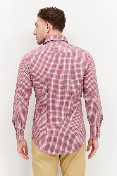 Perry Ellis Men Spread Collar Long Sleeve Plaid Dress Shirt, Red Combo