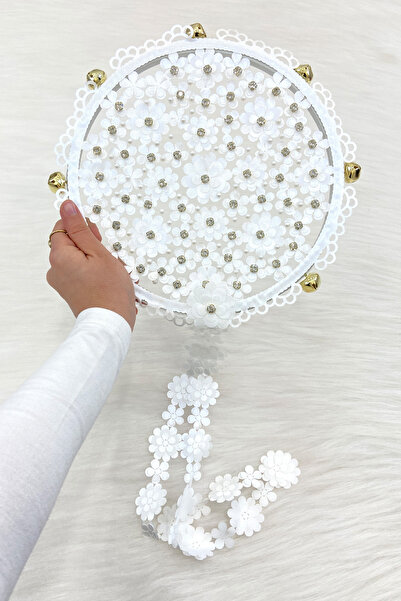 ZEYMERADE White Floral Shiny Stone Bridal Tambourine, Wedding Henna Promise C...