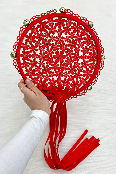 ZEYMERADE Red Floral Shiny Stone Bridal Tambourine, Wedding Henna Promise Cir...