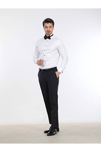 Kip White Slim Fit Tuxedo - Απλό κόψιμο, Διπλή μανσέτα, Πουκάμισο με λαιμόκοψη