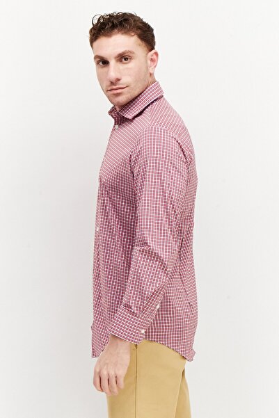 Perry Ellis Men Spread Collar Long Sleeve Plaid Dress Shirt, Red Combo