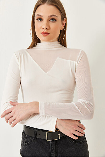 Bianco Lucci Kadın Tül Detaylı Sandy Kumaş V Yaka Bluz 7214 60261334