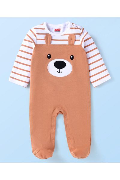 Babyhug بدلة نوم من القطن من Babyhug بخطوط وطبعة دب تيدي مع تطريز على الأذن - بني فاتح