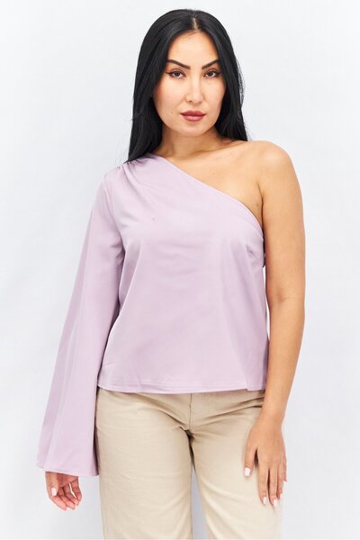 Pretty Lavish Women Asymmetrical Neck One Sleeve Solid Blouse, Lilac