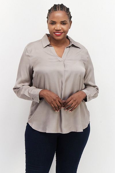 Tchibo Women Spread Collar Long Sleeve Plain Blouse, Taupe