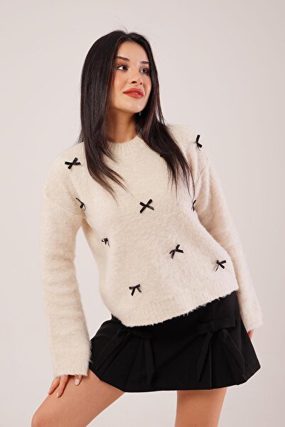 Hipo Trend Pulover tricot bej cu fundă