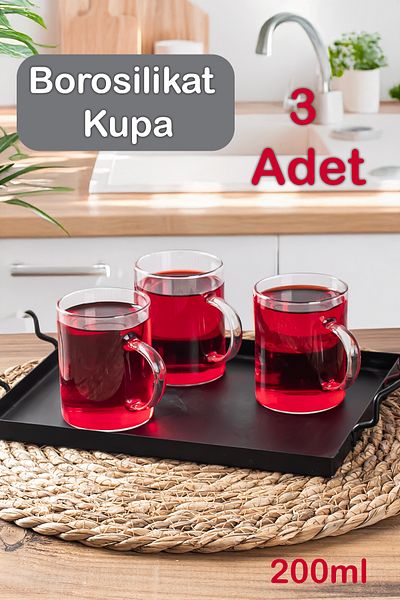 Porsima 6080 Set of 3 Borosilicate Glass Handles Waterproof and Fireproof 200ml Tea Cups
